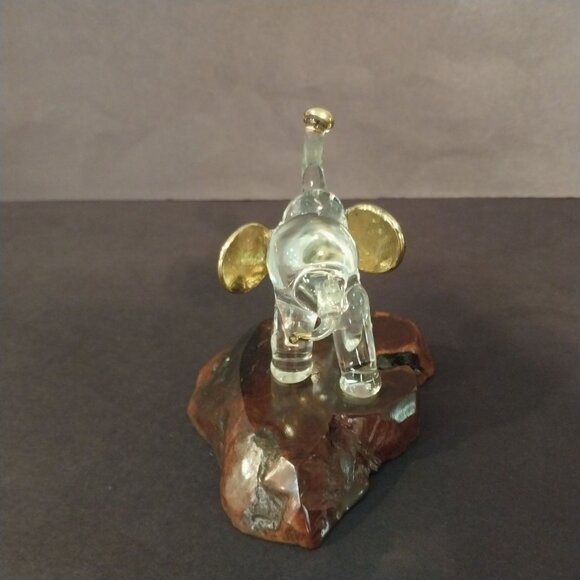 Glass Elephant Hand Blown Trunk Up Figurine Burl Wood Base Gold Ears - Picture 4 of 8